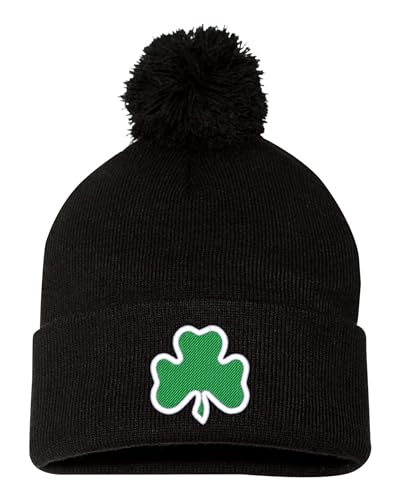 One Size Black Pom Giant Shamrock St. Patrick's Day 4 Leaf Clover Embroidered Knit Beanie Pom Cap