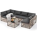 Pamapic 7 Pieces Outdoor Sectional Set, All-Weather PE Rattan Patio Conversation Set, Wicker Adjustable Patio Furniture Set with Washable Cushions Covers and Coffee Table, Brown Rattan, Gray Cushion