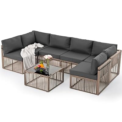 Pamapic 7 Pieces Outdoor Sectional Set, All-Weather PE Rattan Patio Conversation Set, Wicker Adjustable Patio Furniture Set with Washable Cushions Covers and Coffee Table, Brown Rattan, Gray Cushion