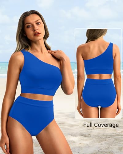 Image of Holipick Women One Shoulder High Waisted Bikini Set Two Piece Tummy Control Swimsuits Full Coverage Bathing Suit