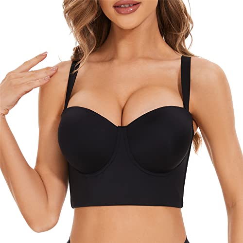 Zueun Strapless Bra For Women Plus Size Full Coverage Strapless Bra Longline Corset Bra Black 44D #TOP4