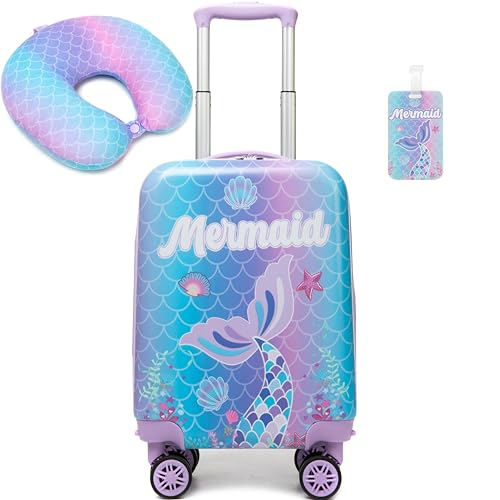 Image of Cute Mermaid Kid's Luggage Set 2 Piece Suitcase Set 16'' Hardside Luggage with Spinner Wheels Girls Travel Rolling Luggage Carry on Luggage Airline Approved