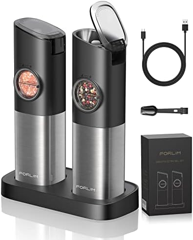 Gravity Electric Salt and Pepper Grinder Set, 𝐔𝐩𝐠𝐫𝐚𝐝𝐞𝐝 Large Capacity, USB Rechargeable Automatic One Hand Operated, Adjustable Coarseness, Auto Dust Lid, LED Light, Stain Steel Grey, 2 Mills