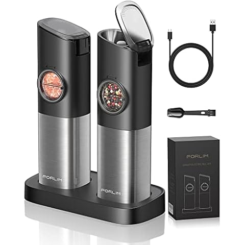 FORLIM Gravity Electric Salt and Pepper Grinder Set, Upgraded Large Capacity, USB Rechargeable Automatic One Hand Operated, Adjustable Coarseness, Auto Dust Lid, LED Light(Stain Steel Grey) Cover