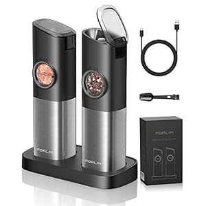 FORLIM Set macina sale e pepe elettrico, macina pepe con base ricaricabile, macina sale automatico, con granulometria regolabile, acciaio inox, per cucina e barbecue, confezione da 2, nero