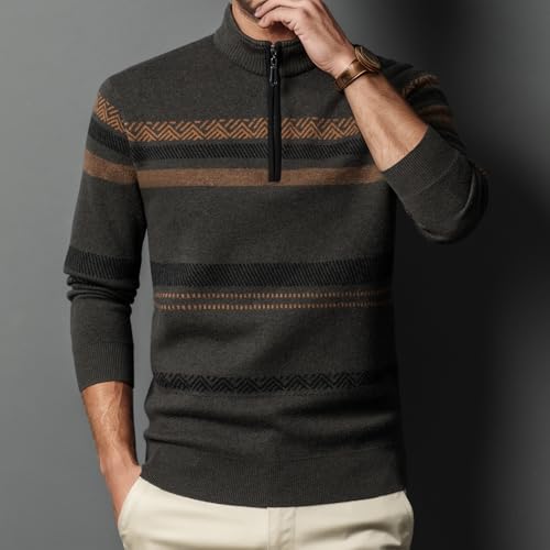 Men's Sweater Quarter Zip Striped Pullover 100% Wool Fall and Winter Color Block Polo Sweaters4