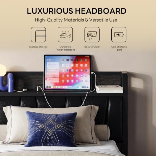 Image of LIKIMIO Twin XL Bed Frames, PU Leather Storage Headboard with Charging Station, Solid and Stable, Noise Free, No Box Spring Needed, Easy Assembly, Black