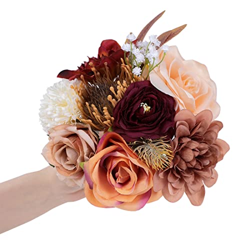 Spirit Up Art Wedding Bouquets For Bridesmaids Bride Burnt Orange Artificial Dahlia Handmade Silk Rose Bouquet Holding Flowers For Diy Arrangement Valentine's Day Party Church Home Decor #TOP1