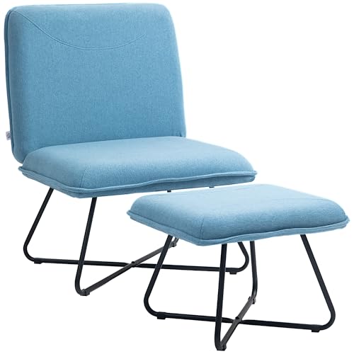 HOMCOM Sillón de Salón con Otomana Sillón de Relax sin Brazos Sillón para Lectura con Patas de Acero en Forma de Cruz para Sala de Estar Dormitorio Azul Claro