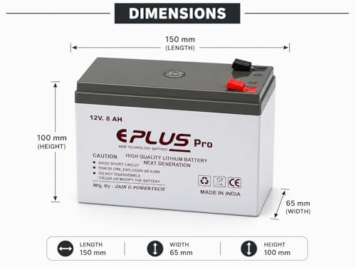 Image of EPLUS PRO 12V8AH Lithium-ION Battery for Agriculture Spray Pump, Solar Street Light, Toys, Emergency Light ETC | Not for UPS or high Load Applications