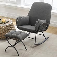 YDcosyfy Outdoor Patio Rocking Chair with Ottoman,Glider Rocking Chair with Grey Cushion,Metal Frame and Wicker Back,Indoor/Outdoor Use,Grey