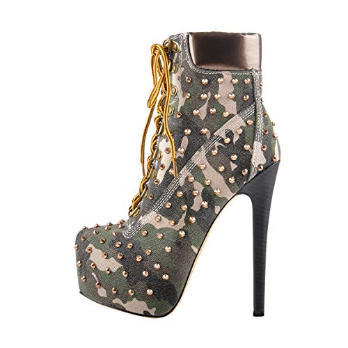 Richealnana Women's Platform Lace Up Stiletto Heel Ankle Boots Camouflage Studded US 15