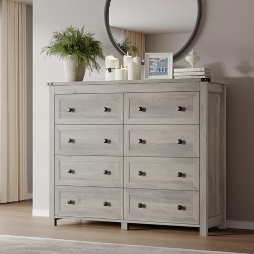 Image of BORNOON Tall 8-Drawer Dresser, Modern Wooden Storage Chest of Drawers, Dresser TV Stand, Wood Drawer Organizer with Metal Handles for Bedroom, Living Room, Hallway