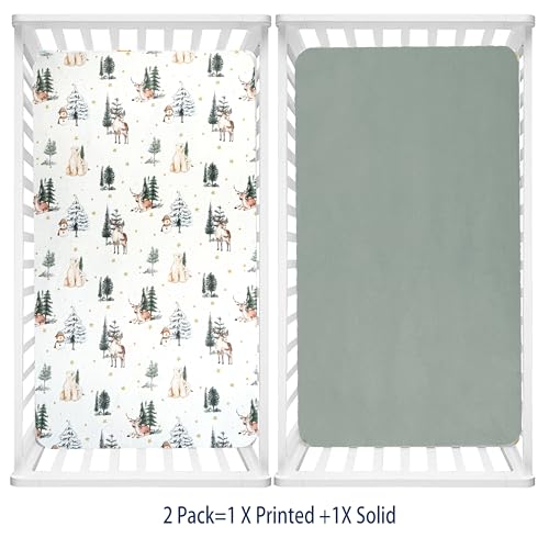 Image of AMROSE 2 Pack Flannel Fleece Crib Sheets, Winter Woodland