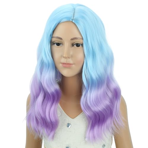 Image of PATTNIUM Blue Ombre Purple Short Curly Wavy Wigs for Girls Kids Side Part Shoulder Length Heat Resistant Synthetic Wig Halloween Cosplay Costume Party Wigs