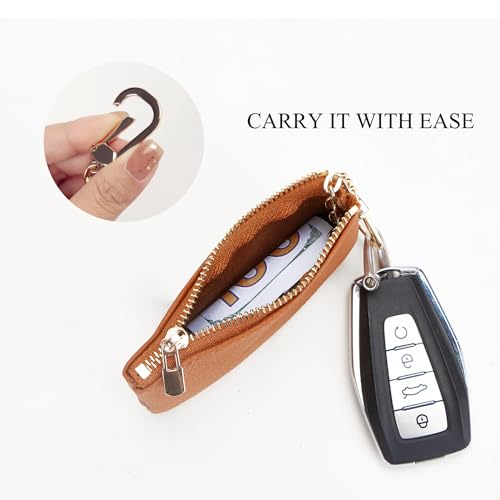 Image of Full Grain Leather Coin Purse with Key Chain - Small Change Purse Keychain Card Holder Keychain Pouch Small Keychain Wallet for Women and Men (Brown)
