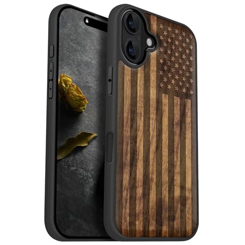 Image of Carveit Wood Case for iPhone 16 Plus, The Classic American Flag, Walnut | Magnetic iPhone 16 Plus Case Compatible with MagSafe Wireless Chargers, Engraved Wood with Soft TPU Shockproof Bumper