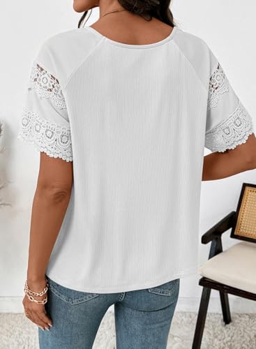 Image of EVALESS Womens Summer Tops Dressy Casual Spring Ribbed Texture Embroidery Short Sleeve Crewneck T Shirts