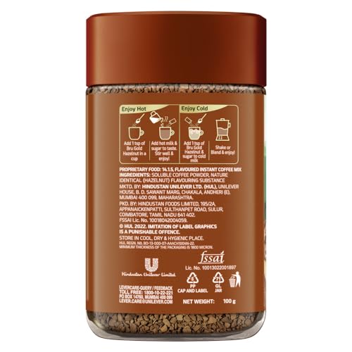 Image of Bru Gold Hazelnut 100g | Flavoured Instant Coffee | Flavourful Twist to Your Everyday Coffee | Made with Freeze-Dried Coffee | Makes 80 cups |