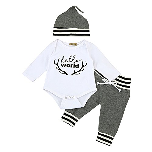3Pcs Toddler Infant Baby Boy Girl Letter Clothes Set Romper+Pants+Hat Outfits Letter Print Hakama + Striped Trousers + Hat Three-Piece Suit - Thumbnail 3