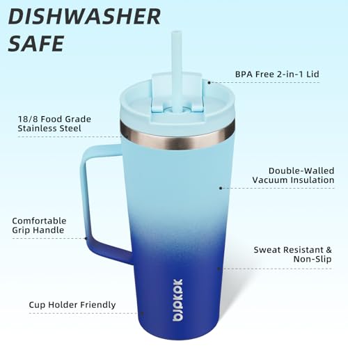 Image of BJPKPK 22oz Insulated Tumbler with Handle, Lid & Straw, Stainless Steel