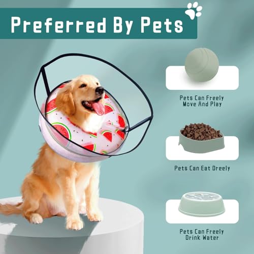 Image of Ovatt PVC inflatable pet collar for small medium and large dogs after surgery ,Washable Dog Cone Collar w /Removable Hard Cone for Dogs After Surgery (Watermelon, L)