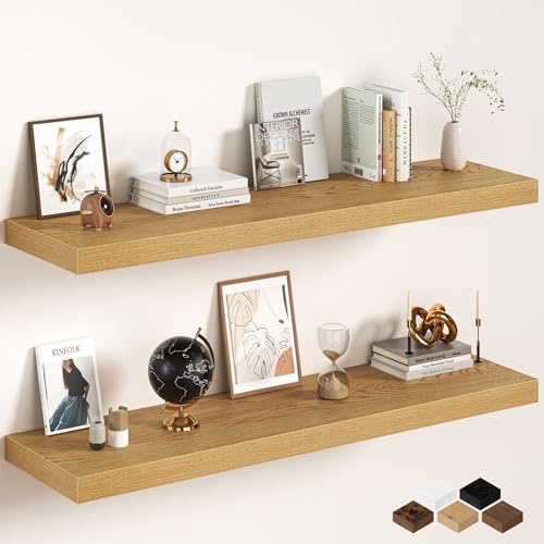 Image of Oak Floating Shelves 48Inch Long, 12 Inch Deep Floating Shelves for Wall, 48 x 12 Large Floating Shelf for Fireplace Mantel, 2 inch Thicked Rustic Wall Shelves for Living Room, Bedroom Storage, 2 Packs