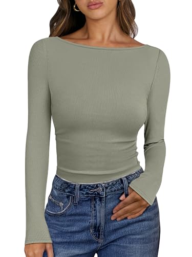 ANRABESS Women's Boat Neck Long Sleeve Shirts Rib Knit Slim Fitting Tops Basic Tees 2026 Casual Comfy Fall Outfits Clothes Saga Green Medium