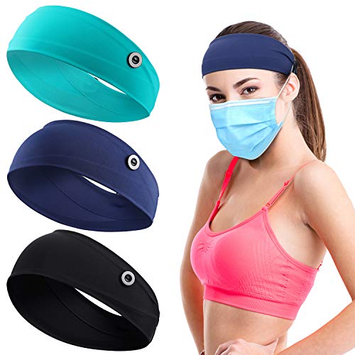 3 Pieces Button Headband Headwrap Ear Protection Holder Stretchy for Face Cover, Multifunctional Hair Band with Buttons for Nurse Doctor People Wearing Face Covers (Black, Navy Blue, Teal)