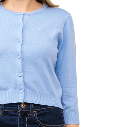 Image of Women's Cropped Cardigan 3 /4 Sleeve Crewneck Button Up Sweater Knit Top (S~XL)