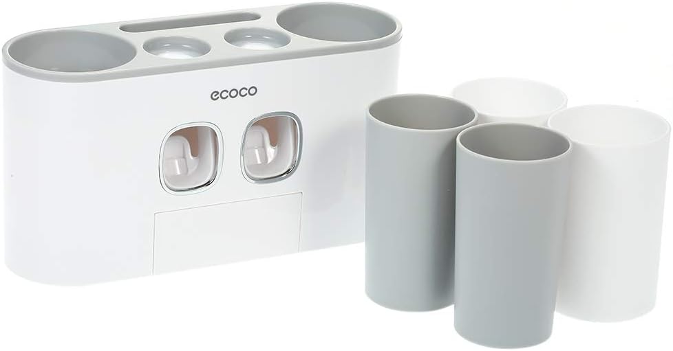 ecoco Automatic Squeeze Toothpaste Set Wall-Mounted Holder with 2 Toothpaste Dispensers 4 Cups and 5 Slots Toiletries Storage Rack Gray