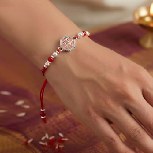 Image of Peora Rakhshabandhan Thread Rakhi for Brother Bhaiya | Kundan Beads & Crystal Studded | Combo Set of 2 | Rakhi Hamper Roli Chawal & Greeting Card