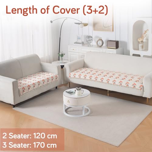 Image of HOKIPO Autumn Blossom Quilted Sofa Cover 5 Seater Set with Tassels - Washable 3+2 Sofa Cover Mat |'Tassel Twigs' Series (IN-985-T5 + IN-983-T5)