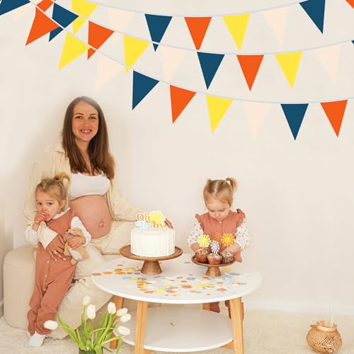 Image of 40Ft Retro Blue Orange Yellow Beige Fabric Bunting Banner Pennant Hanging Party Decorations Triangle Flag Garland for Boho Sunshine Theme Gender Reveal Birthday Here Comes the Son Baby Shower Decor