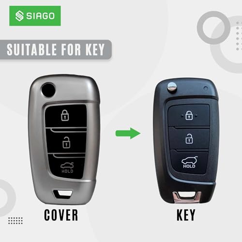 Image of SIAGO TPU Key Cover and Round Key Chain Compatible with Hyundai Verna 2024 2023 | i20 N line N6 Car 3 Button Flip Key (Grey)