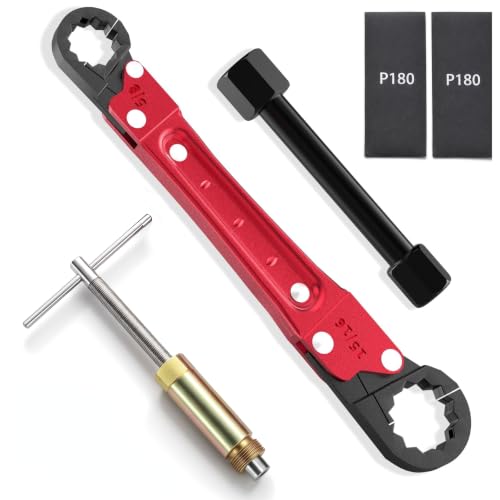 Image of 5Pcs Plumbing Tools Kit with Angle Stop Wrench & 1 /2-Inch Compression Sleeve Puller, Professional Heavy Duty Ferrule Remover Tool, Plumbers Pipe Wrench and Basin Faucet Wrench Set with P180 Sandpaper