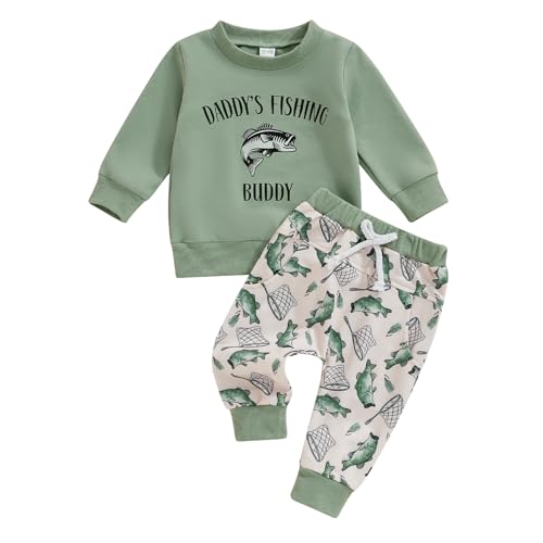 Toddler Baby Boy 2Pcs Fall Outfits Clothes Daddy's Fishing Buddy Letter Print Long Sleeve Pullover Sweatshirt Fish Print Jogger Pants Sets Infant Boy Sweatsuit Tracksuit (Green, 12-18 Months)