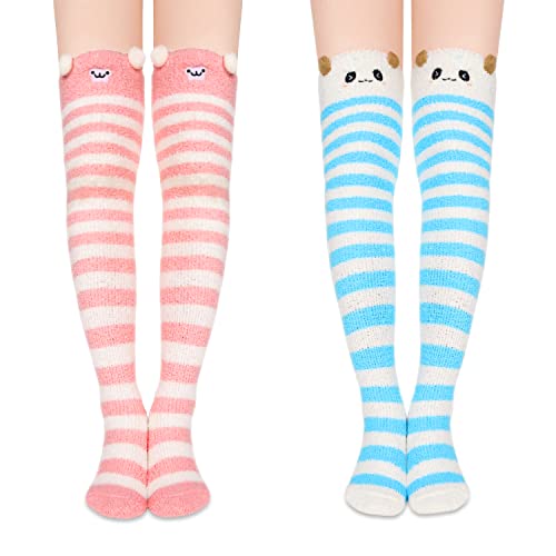 Image of Benefeet Sox Girls Cute Animal Fuzzy Knee High Socks Womens Funny Striped Cozy Winter Warm FluffyThigh High Socks Leg Warmers