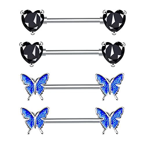 4 Piezas 14G Piercing Pezon Barras Anillos Acero Inoxidable 16mm Blanco/Azul/Rosa Mariposa Corazón CZ Zirconia Cúbica Derecho Barbell Nipple Shield Piercing Joyería Cover