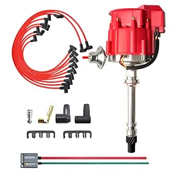 MAS Racing HEI Distributor&amp;Spark Plug Wires &amp; Free Pigtail Wire Harness Combo Kit Red Cap Replacement for Chevy 283 302 307 327 350 396 400 402 427 454 gm SBC BBC 65k Coil 7500RPM Chevrolet C10 GMC V8