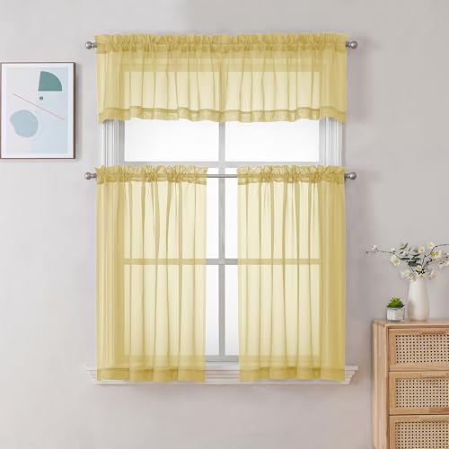 Image of Chyhomenyc Mustard Yellow Sheer Valances for Windows - Light Filtering Small Kitchen Curtains, Short Top Window Treatment Decor for Living Room Bathroom Basement, 42Wx16L inches, 2 Panels