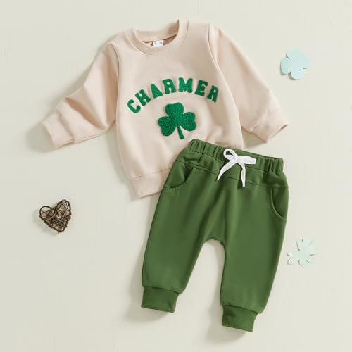 Amnnchya Toddler Baby Boy St Patricks Day Outfit Charmer Shamrock Sweatshirt Pants Fall Winter Spring Clothes Set (Khaki, 6-12 Months)