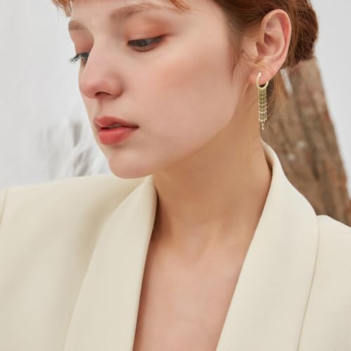 14k Gold Diamond-cut Hoop Tassel Earrings for Women, Real 14 Karat Gold Dangle Earrings for Her2