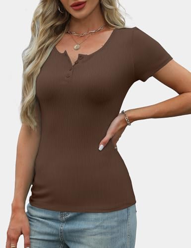 GKBK Womens Short Sleeve Tops Ribbed Scoop Neck Fitted Casual Henley T Shirts Basic Tee Tshirts 2025 Spring Summer Trendy Tops Coffee XL — view 3