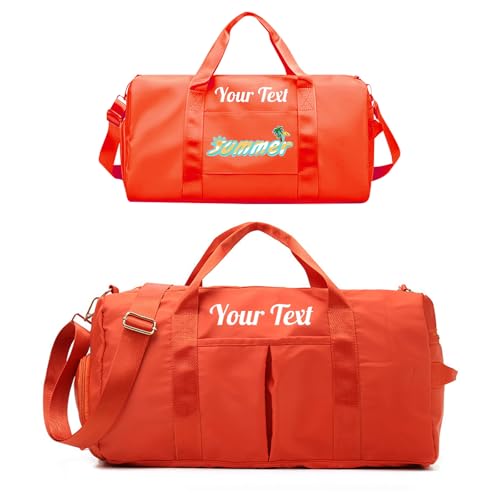 Custom Duffle Bag, Personalized Embroidered Sports Gym Bag for Women/Men, Travel Bag with Double-Sided Customization and Separate Wet and Dry Pockets and Shoe Bags-Orange