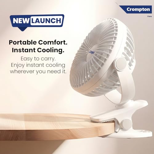 Image of Crompton Siro Rechargeable Clip Fan 100MM | Safety Grill Design | Replaceable Battery | Type-C Charging | 360 Adjustable Rotation | Personal Cooling Fan for Desk, Bedroom & Travel (White)