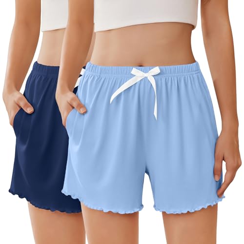 Image of Ekouaer 2 Pack Womens Pajama Shorts 2026 Summer Casual Lounge Sleep Short Ruffle Soft Comfy Pj Bottoms with Pockets