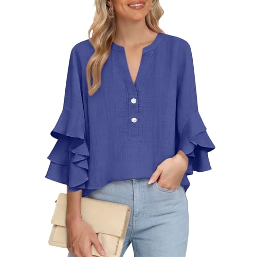 Linen Shirts for Women Dressy Casual Blouses, Bell 3/4 Sleeve Length V Neck Loose Fit Womens Fashion Tops, Comfy and Breathable for Summer Vacation Beach Resort Wear Outfit 2026 Sky Blue Plus Size 3X