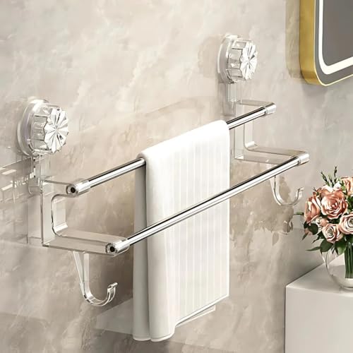 Image of REWOP No-Drill Towel Rack for Bathroom, Towel Holder in Bathroom, Wall Mounted Bathroom Towel Rack - Suction Cup Double Rod Wall Shelf for Towels & Clothes (23 Inch)