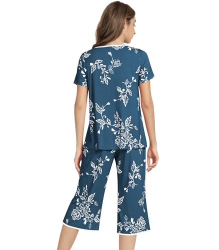 Image of NACHILA Bamboo Viscose Pajamas for Women Lace V Neck Capri Pants Pjs Set
